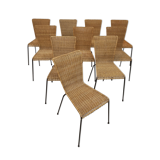 Set of 10 vintage wicker and metal chairs