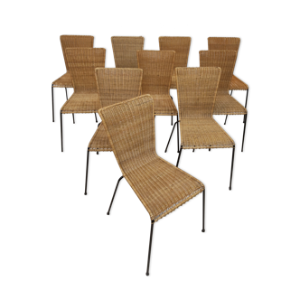 Set of 10 vintage wicker and metal chairs
