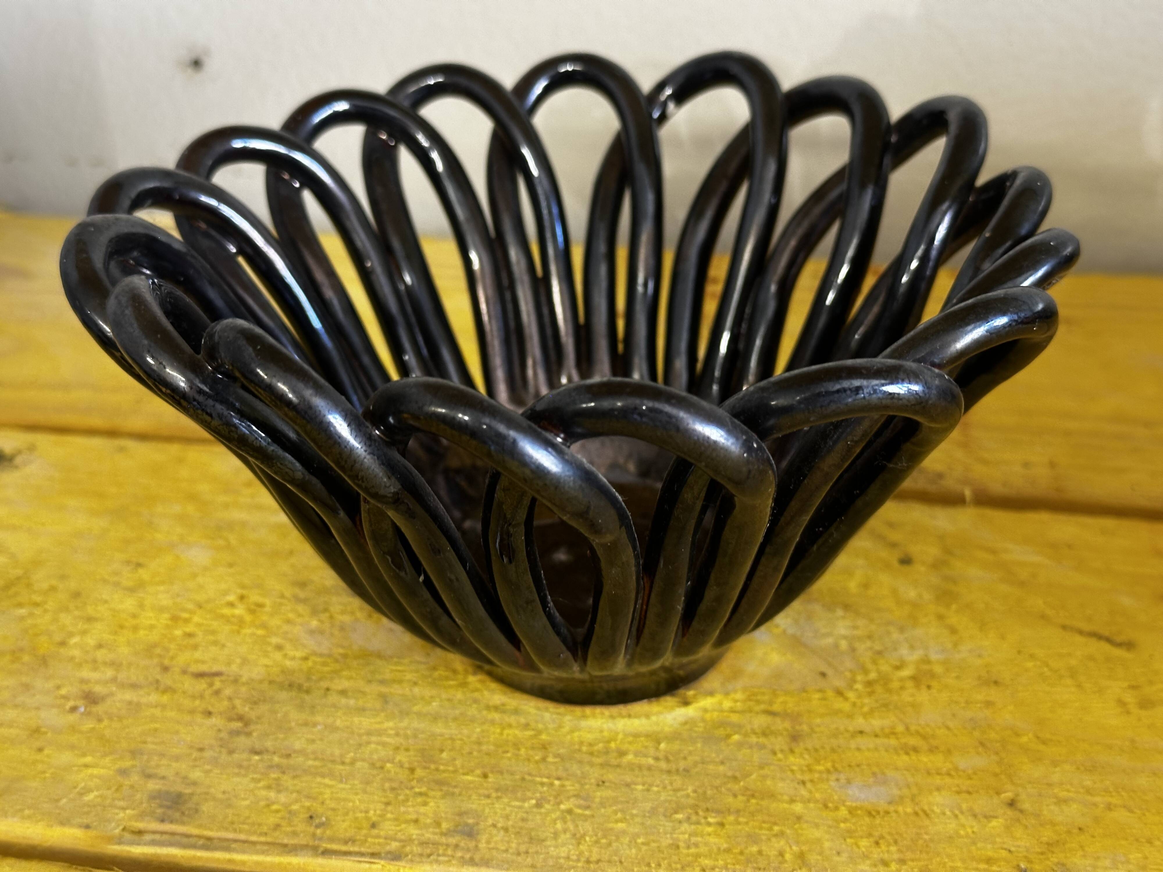 Small Basket - Iridescent Black Braided Ceramic Empty Pocket - 70's German