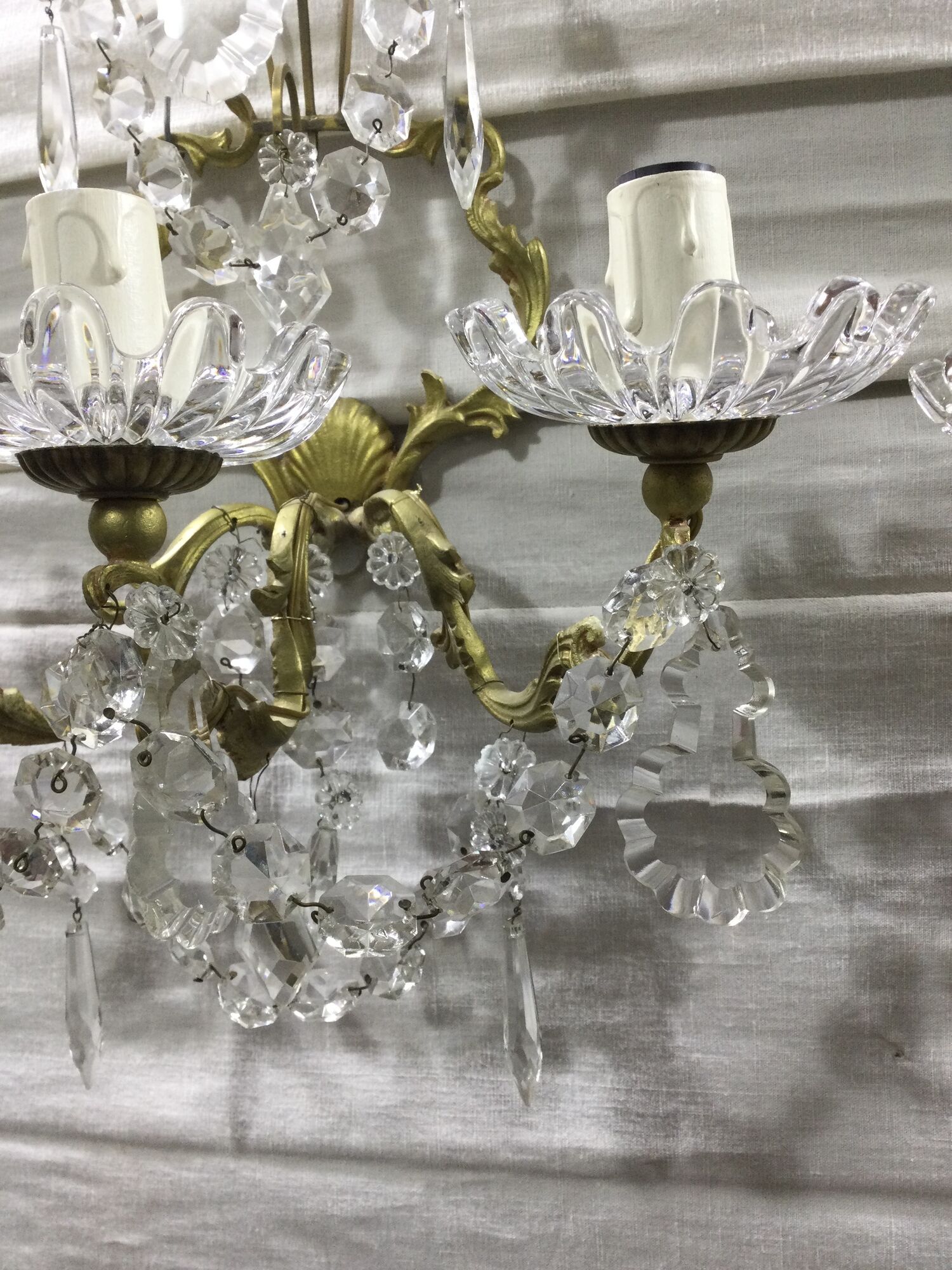 Pair of 3-light bronze and crystal wall lights
