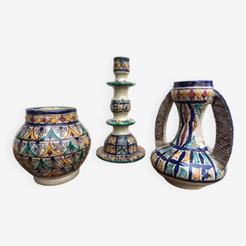 Ensemble bougeoir, pot et vase en céramique artisanat maroc