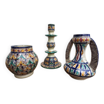 Moroccan handicraft ceramic candle holder, pot and vase set