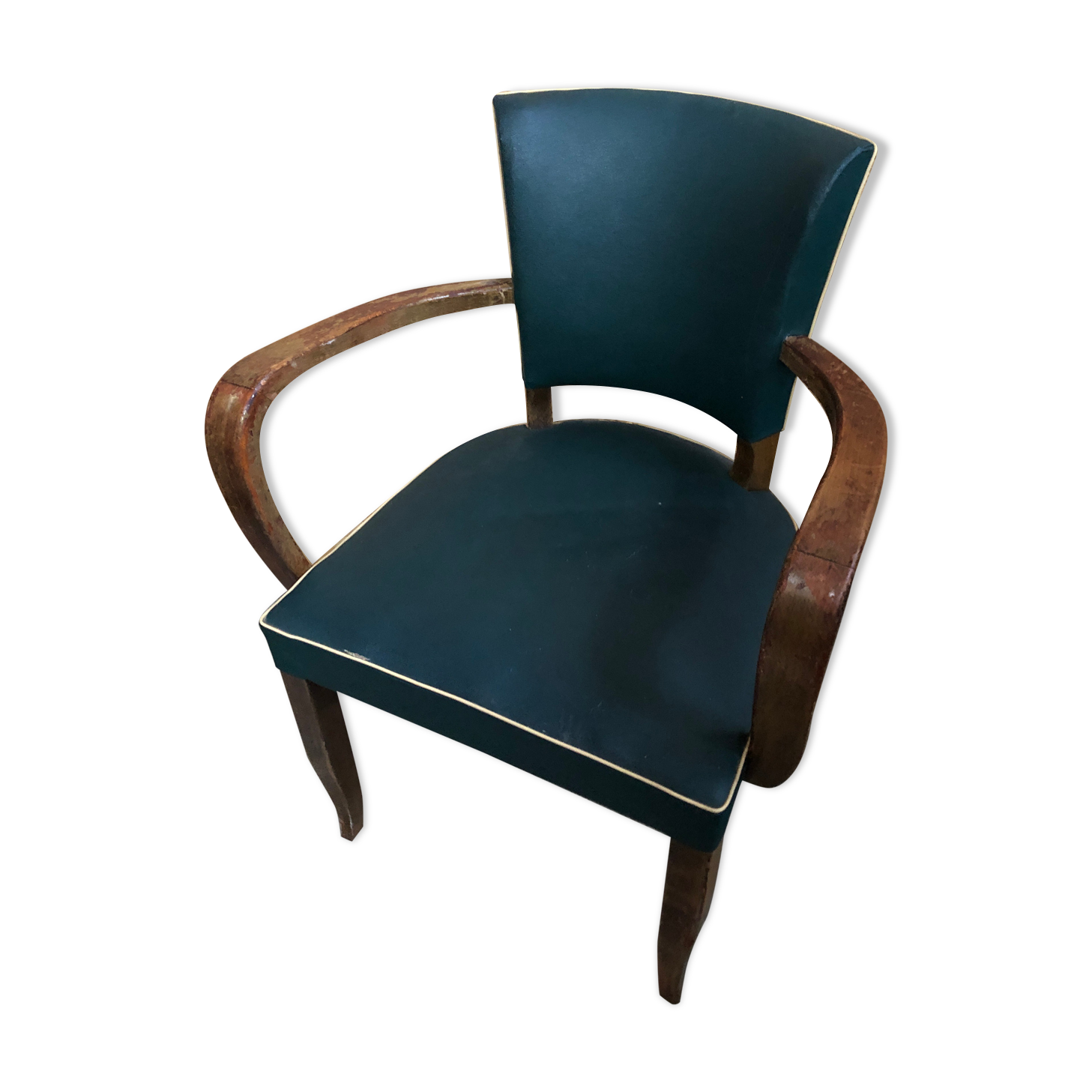 Old wooden bridge armchair + seat & back skaï vintage green