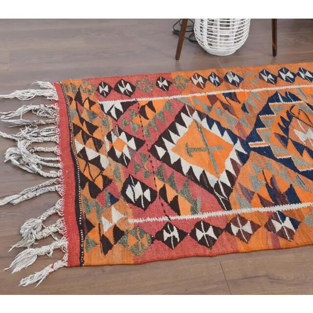 1970s Vintage Turkish Hand-Knotted Wool Cotton Orange Runner Rug 104x338
