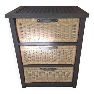 Meuble rangement en bois et osier France 1980 / en bois repeint marron foncé et 3 tiroirs en osier