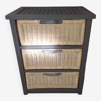 Wooden and wicker storage unit France 1980 / in dark brown repainted wood and 3 wicker drawers