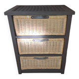 Wooden and wicker storage unit France 1980 / in dark brown repainted wood and 3 wicker drawers