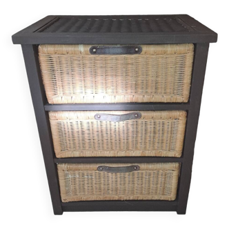 Wooden and wicker storage unit France 1980 / in dark brown repainted wood and 3 wicker drawers