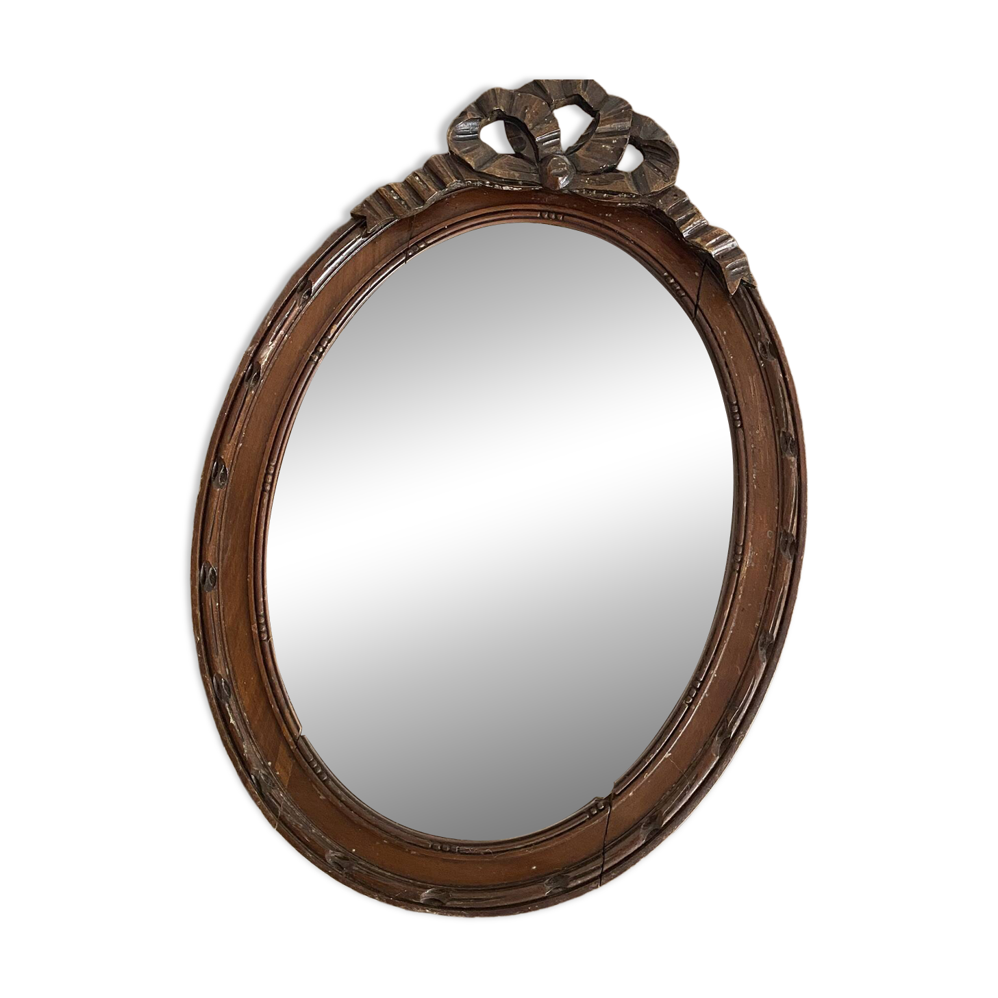 Miroir ovale mercure en bois sculpté décor nœud ruban 37X52