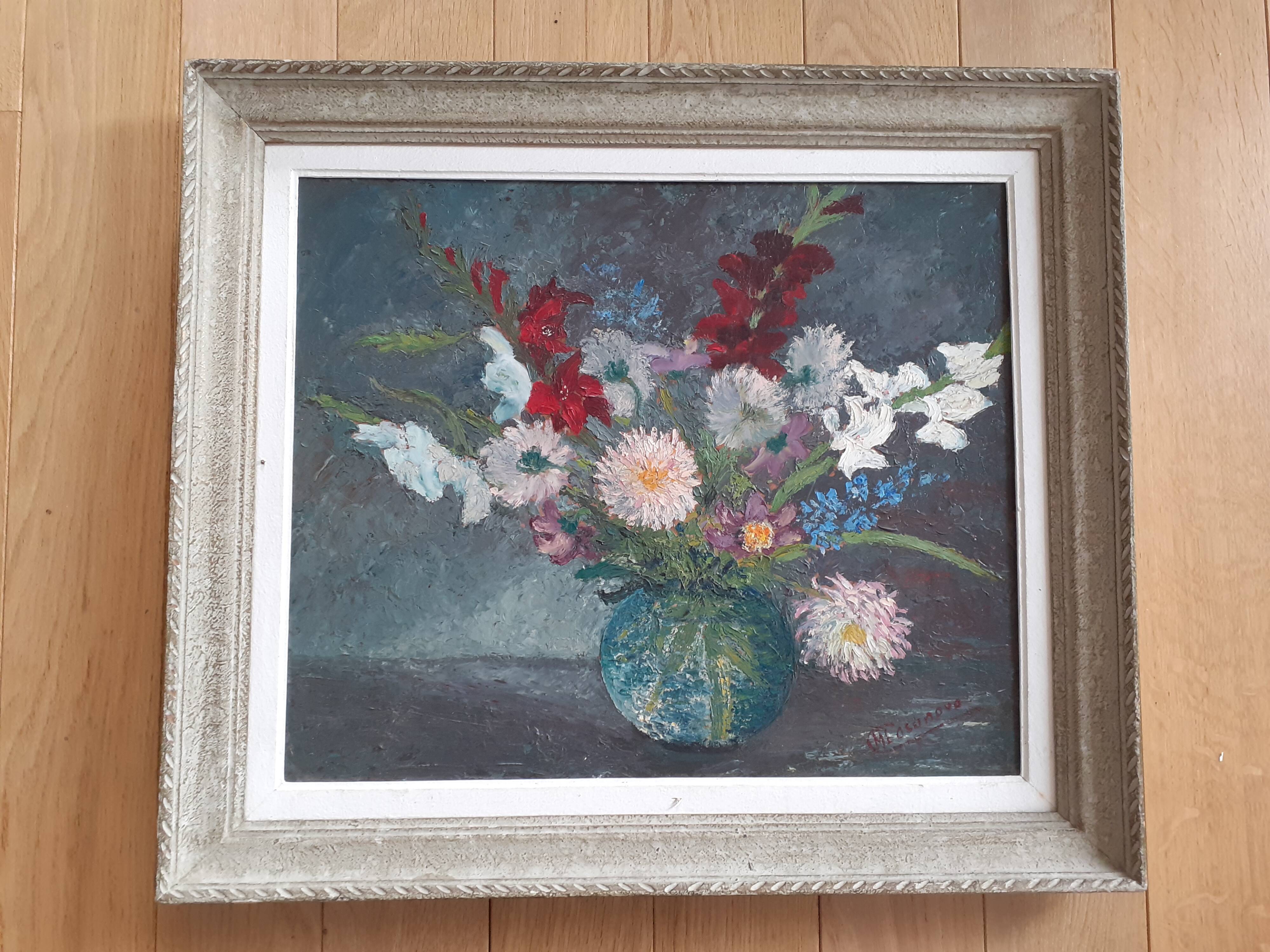 Table bouquet of flowers dahlias gladiolus