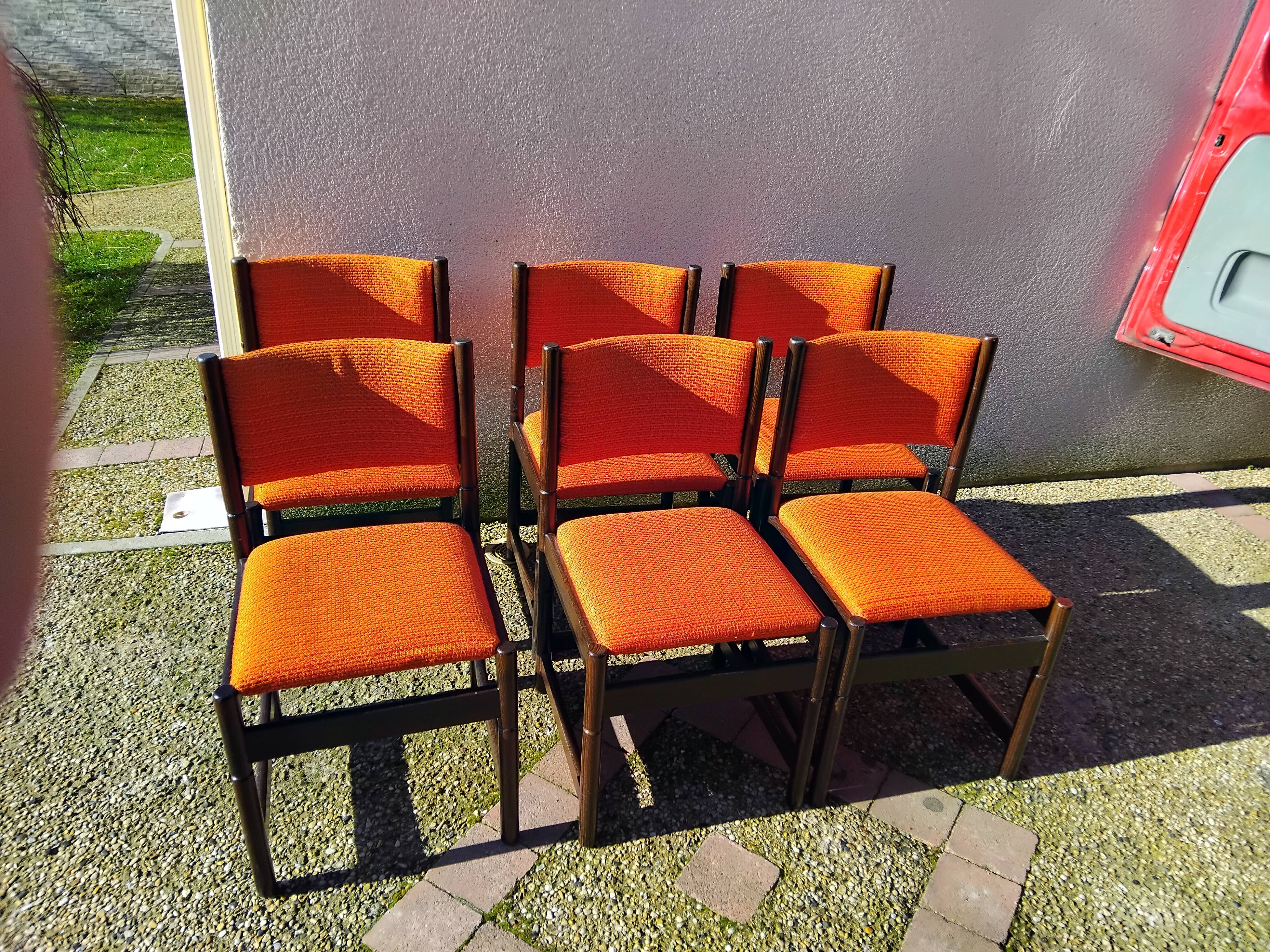6 vintage wooden and orange fabric chairs