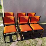 6 vintage wooden and orange fabric chairs