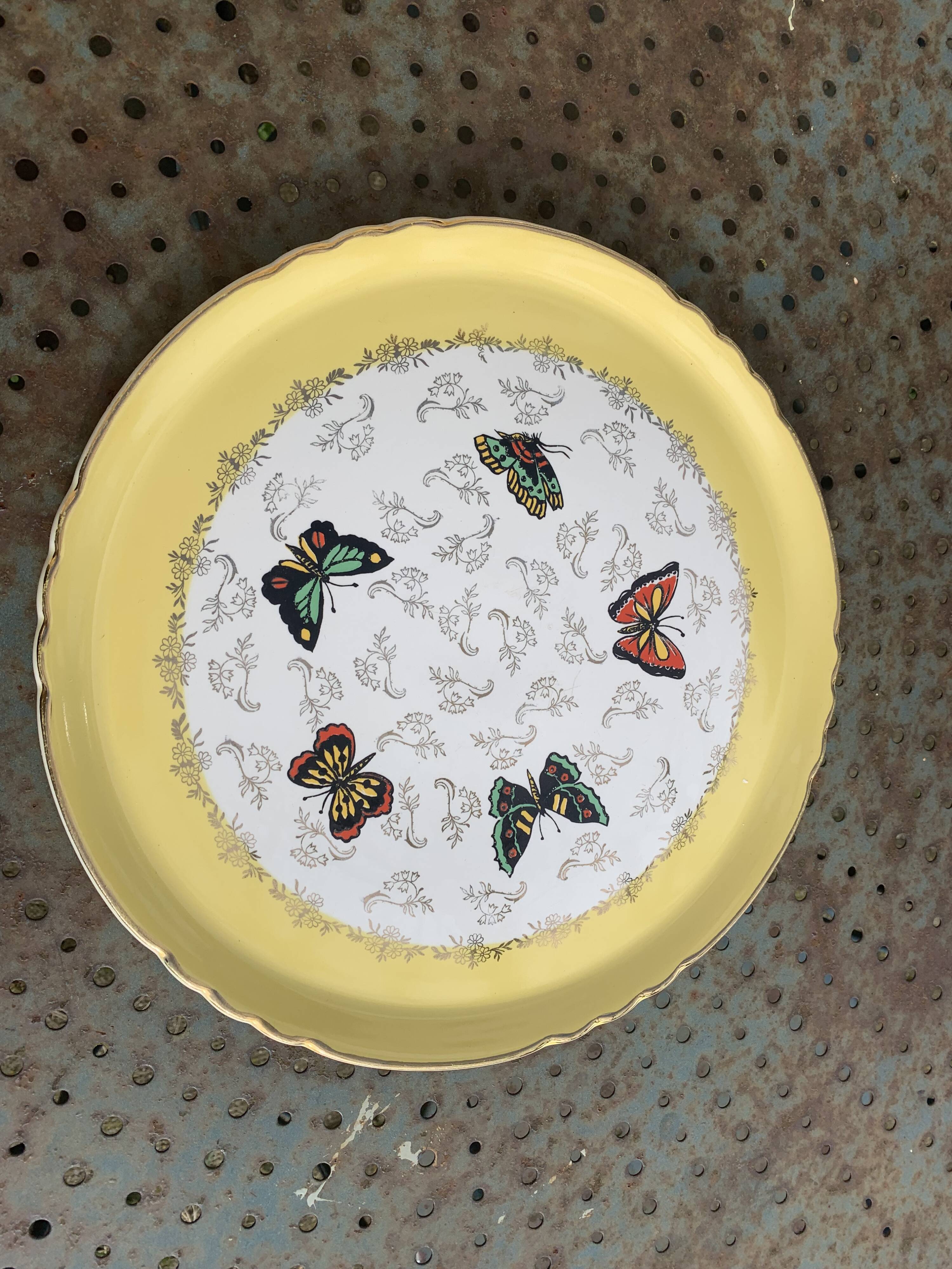 Cake dish, earthenware, yellow with multi-colored butterflies, Moulin des loups, Northern Orchies