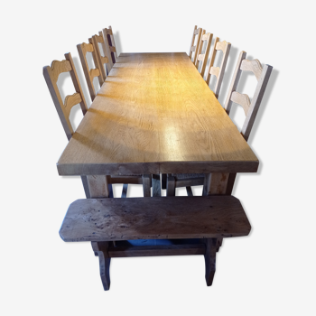 Solid oak farm table with 8 chairs and 2 benches