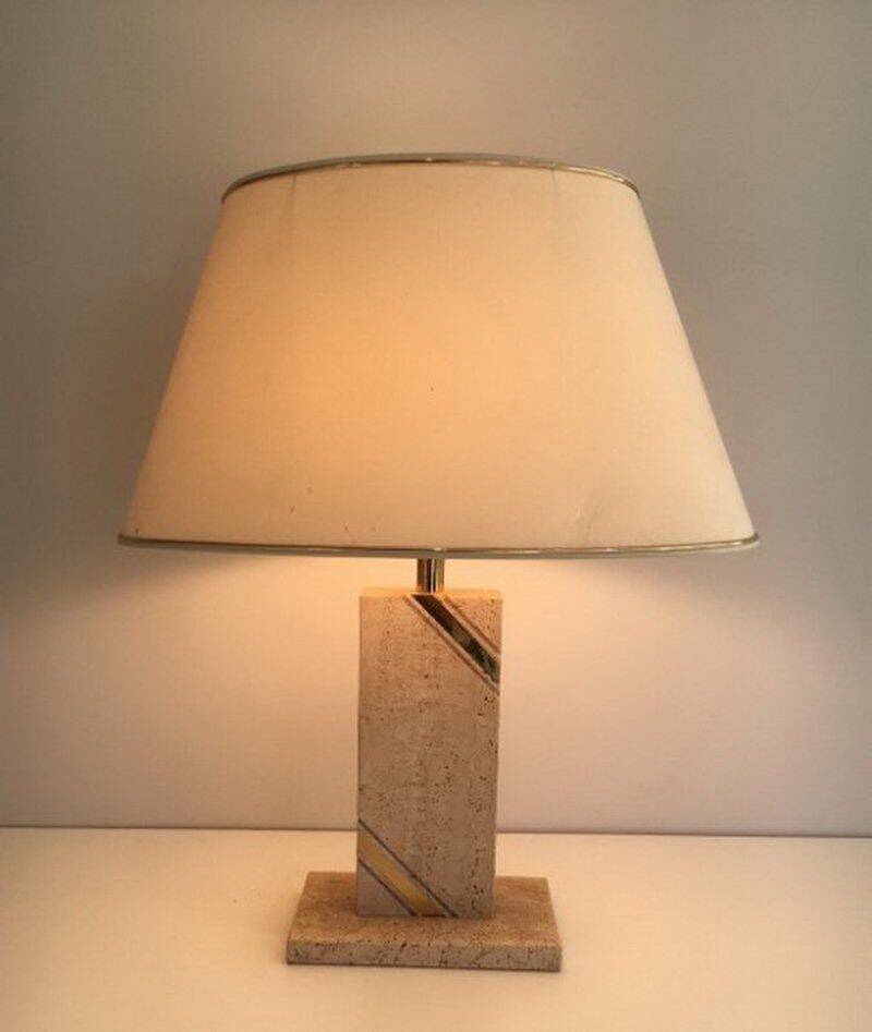 Travertine lamp with brass inlay