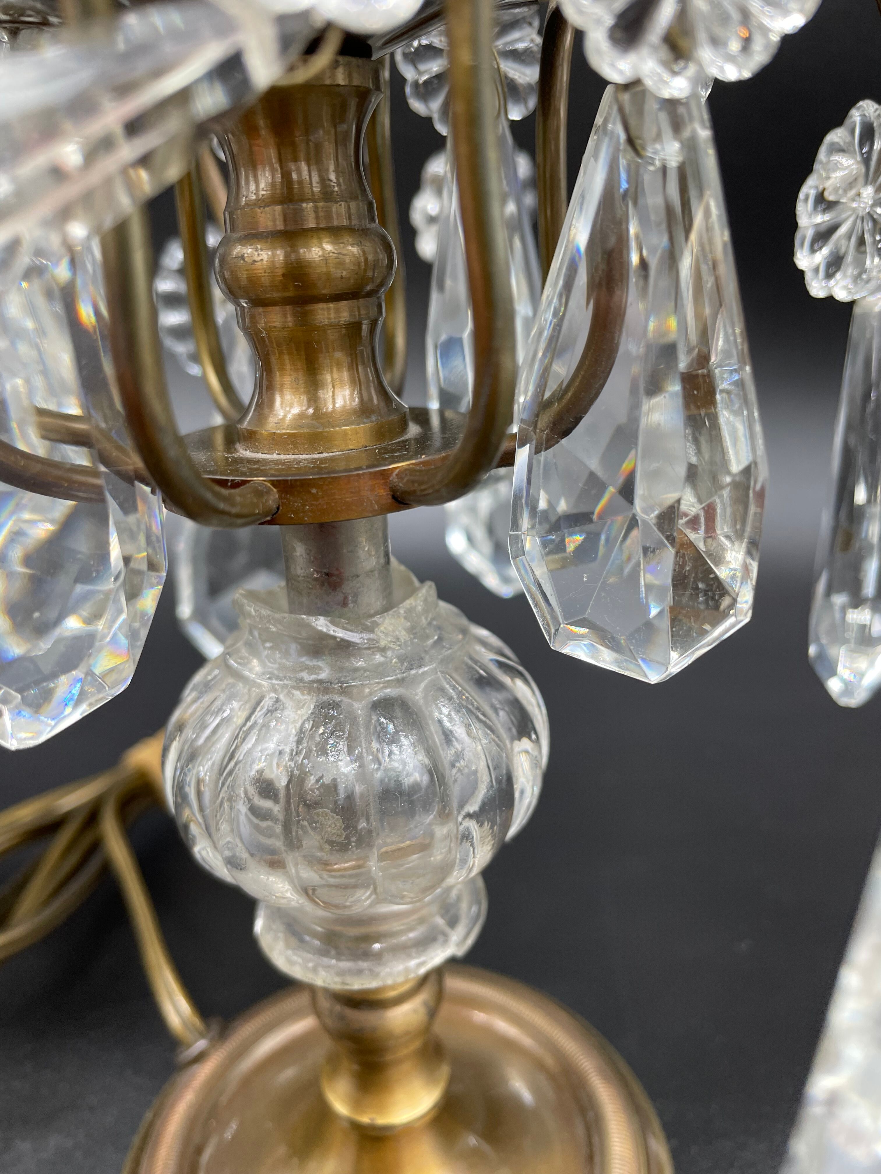 Antique, pair girandoles, candle holders, gilded brass, tassels, glass, drops, florets, 1 burner