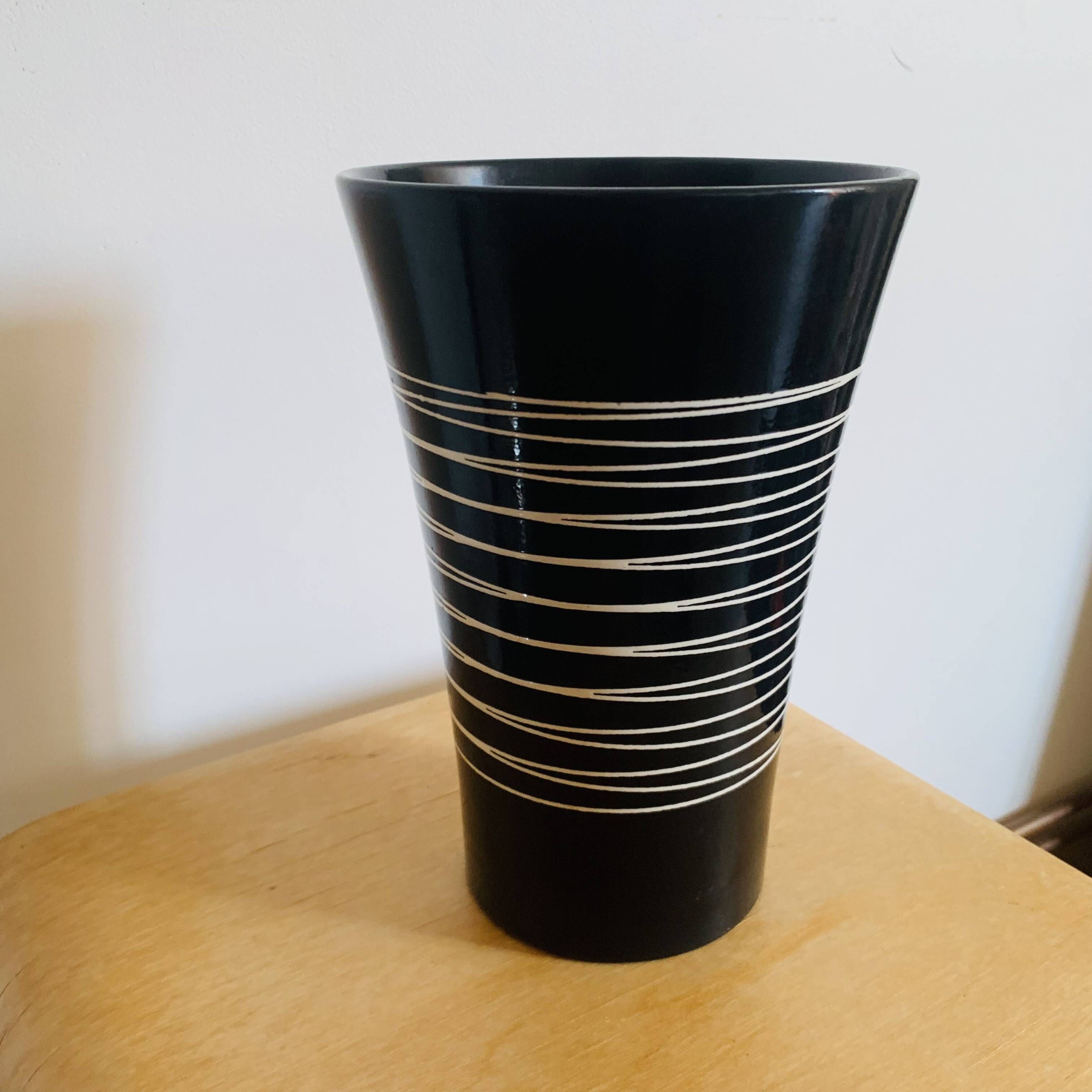 Vintage black Scheurich vase with graphic design – West Germany – 70s/80s
