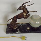 Vintage french art deco gazelle lamp black marble base round glass shade 3956