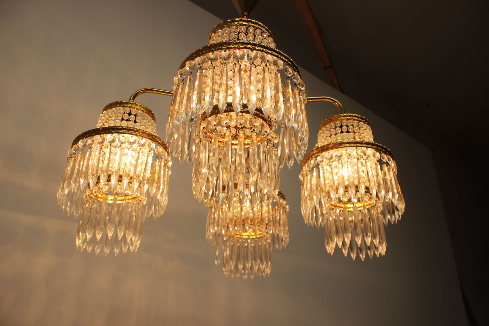1950s, vintage crystal brass chandelier, železnobrodské sklo,czechoslovakia