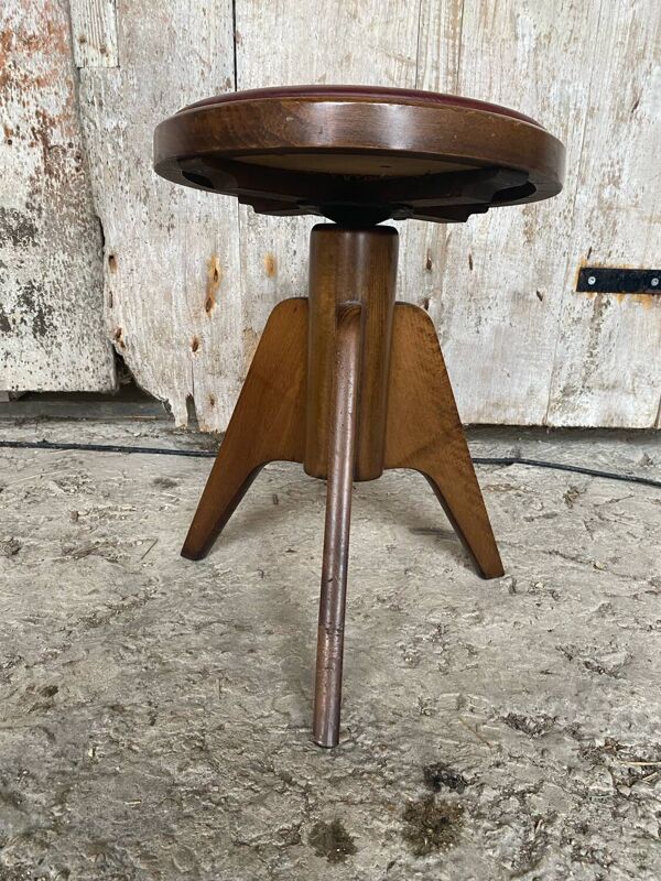 Tabouret Piano Ancien Tripode Bois + Assise Galette Cuir Rouge Vintage