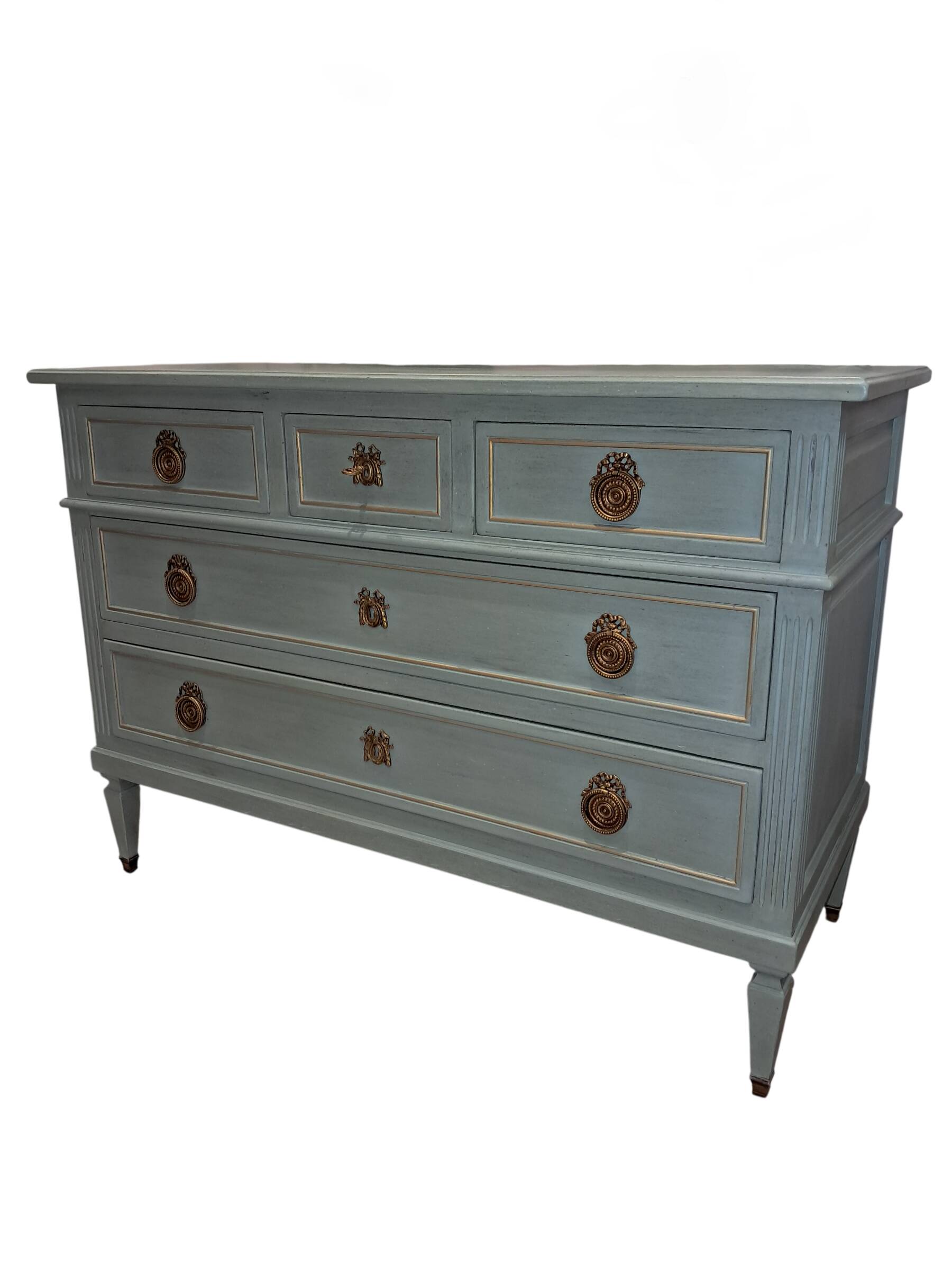 Commode ancienne patinée verre d'eau et or vieilli style Louis XVI.