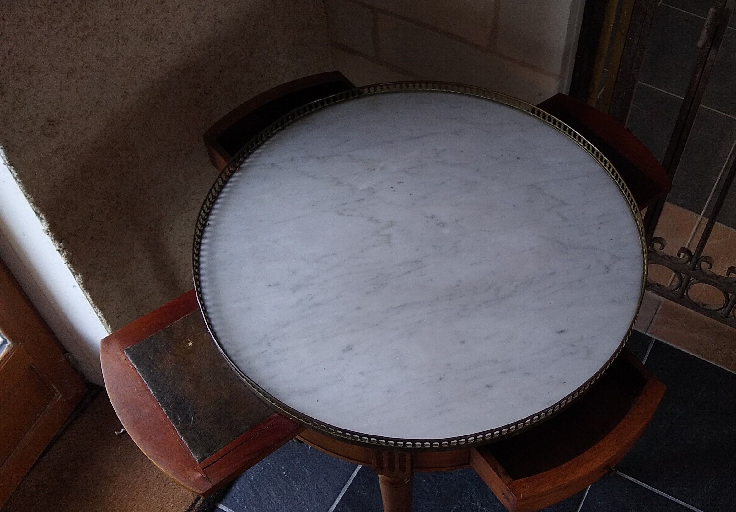 Mahogany hot water bottle table with marble top
