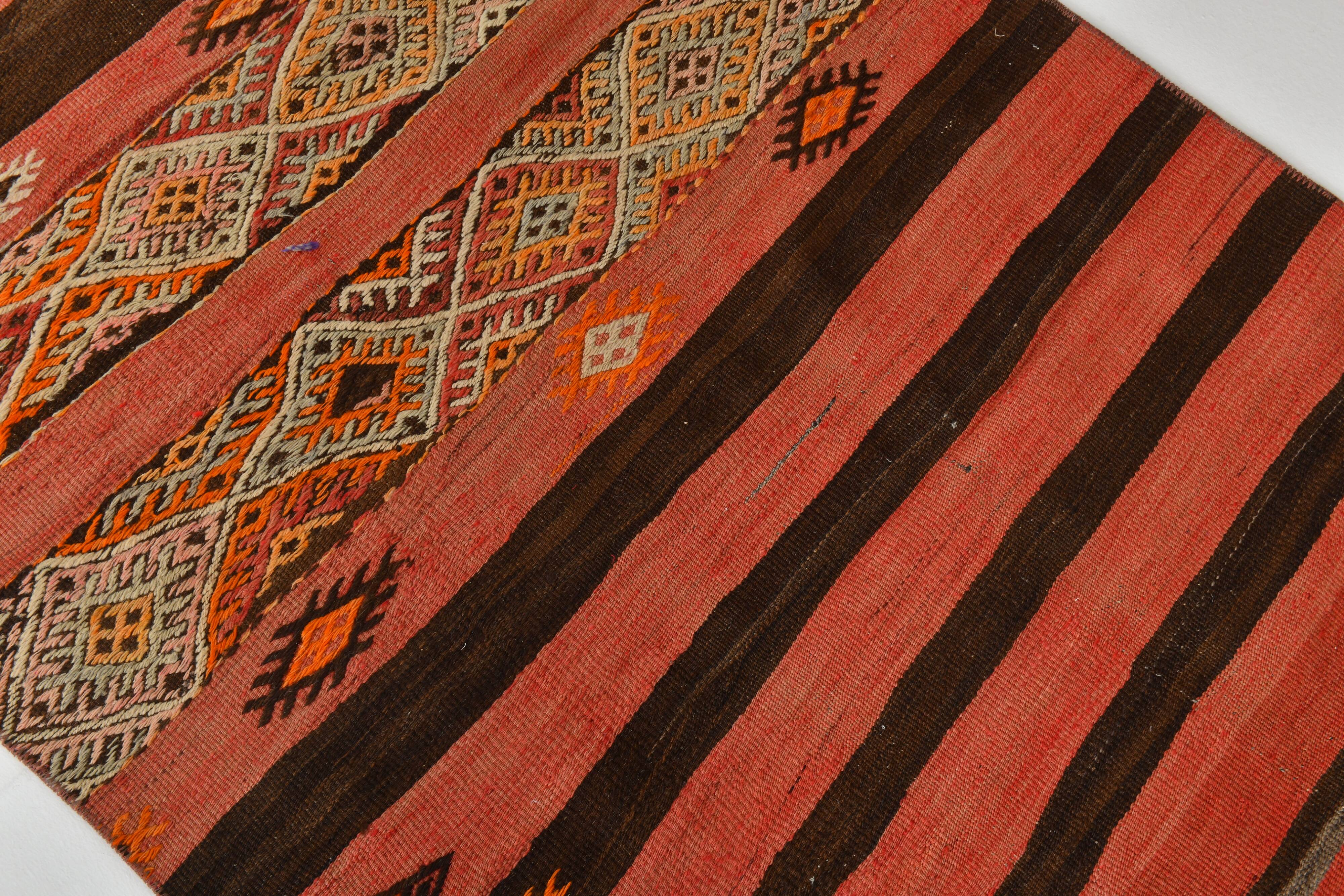 Turkish Red & Brown Striped Vintage Kilim Rug, 87x127Cm