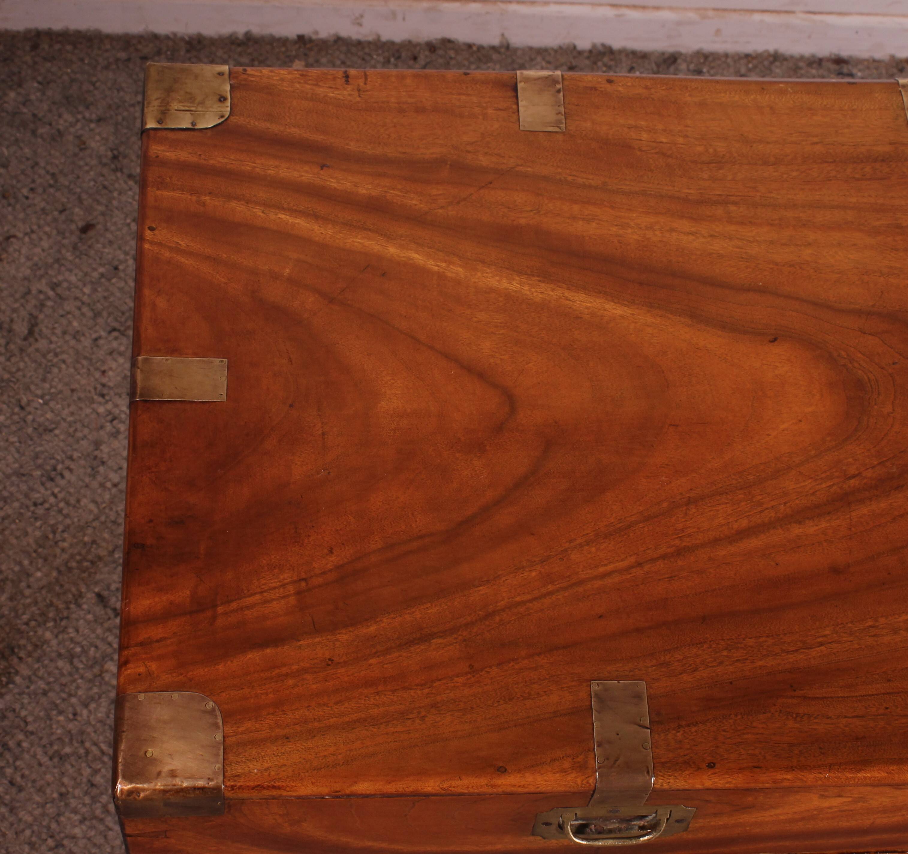 19th-century camphor wood marine chest with double locks and tray in