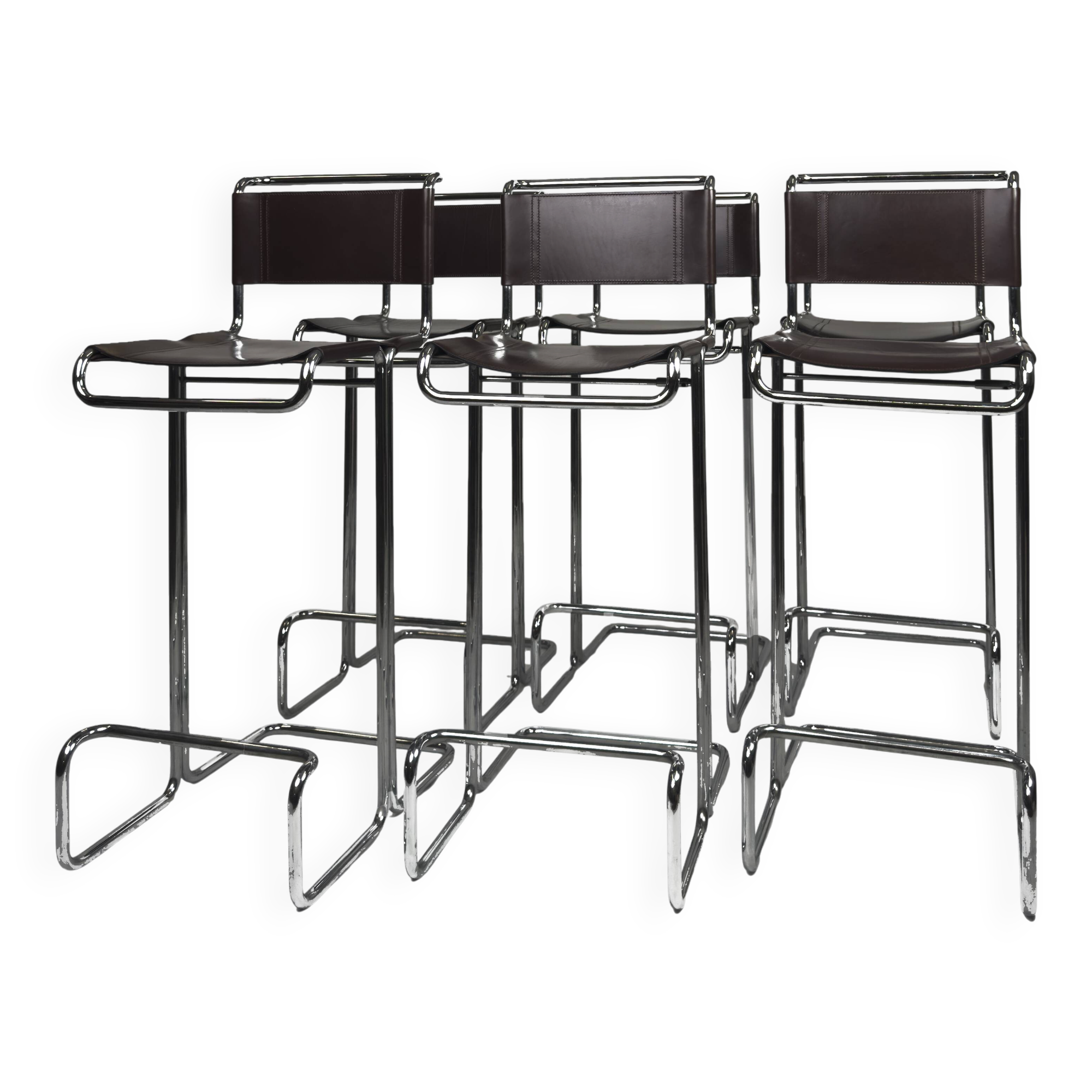 Set of 6 Linea Veam Modernist Leather and Chrome Bar Stools, 1960s