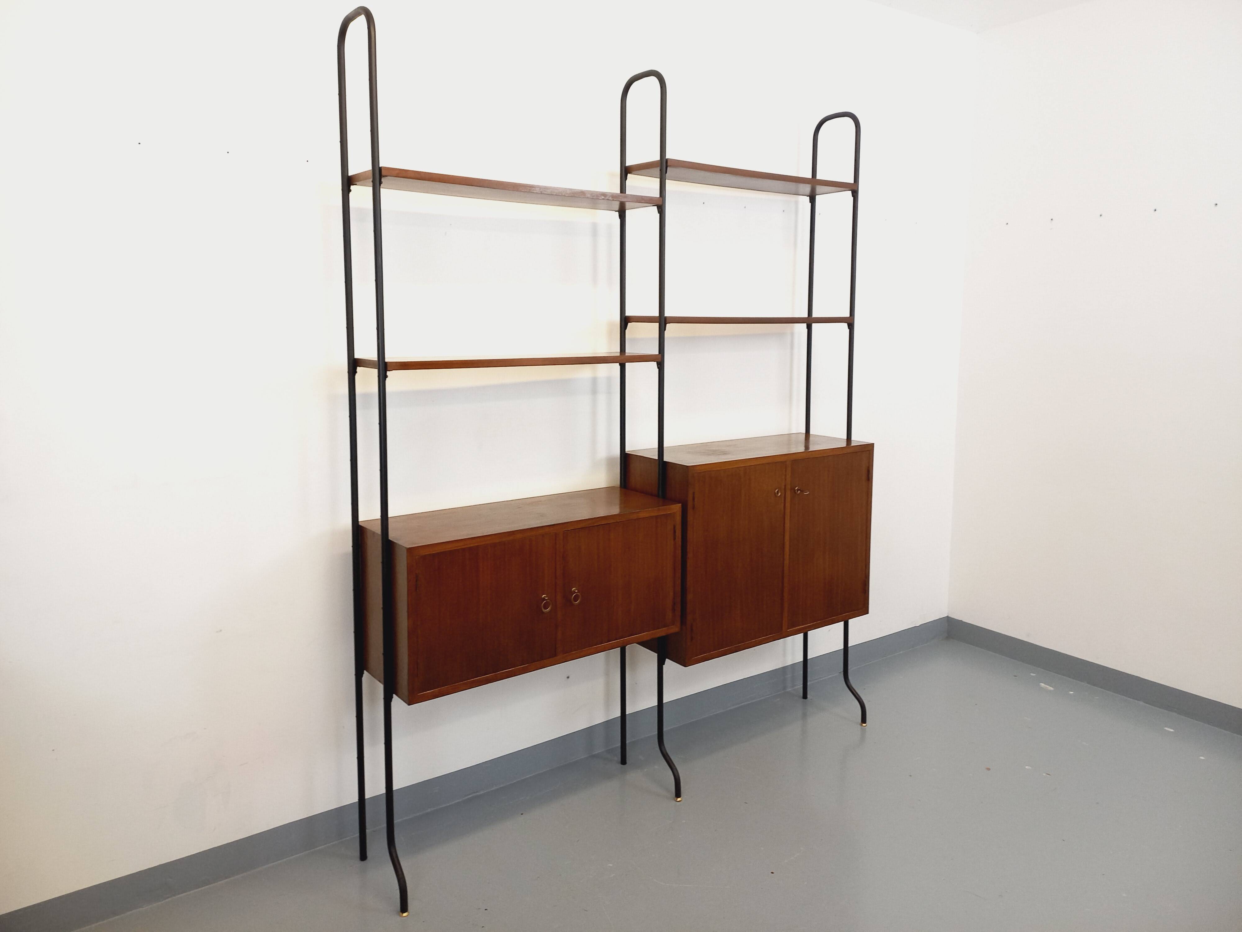 Vintage Italian double modular shelving unit in wood and metal