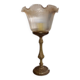 Table lamp with brass base, grooved transparent globe, vintage