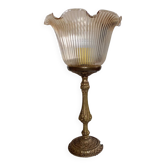 Lampe de table pied laiton, globe transparent rainuré, vintage