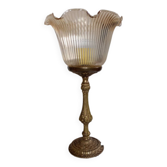 Table lamp with brass base, grooved transparent globe, vintage