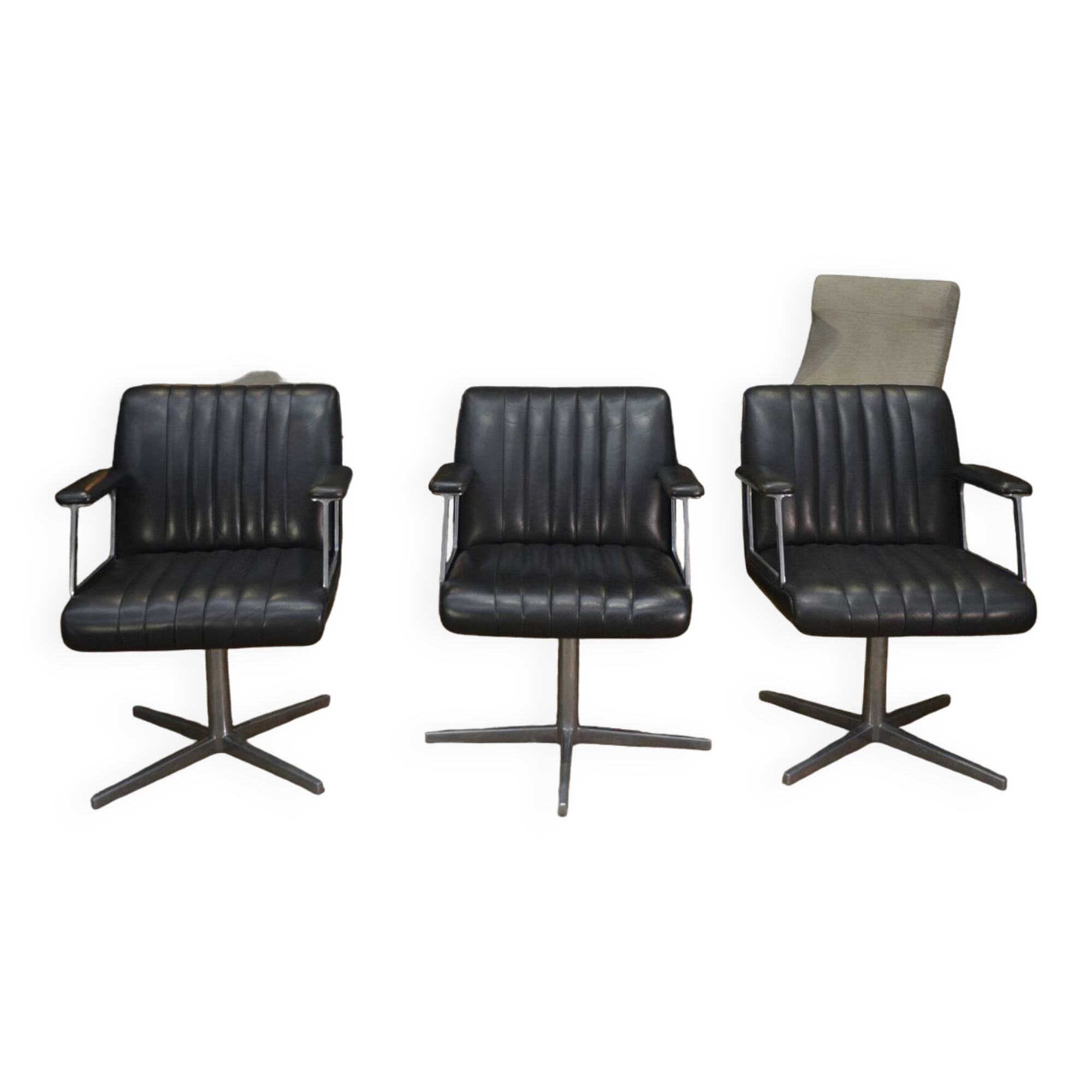Set of 3 designer swivel metal leather office armchairs 1970