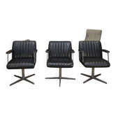 Lot de 3 Fauteuils de bureau design en cuir en métal pivotants  1970