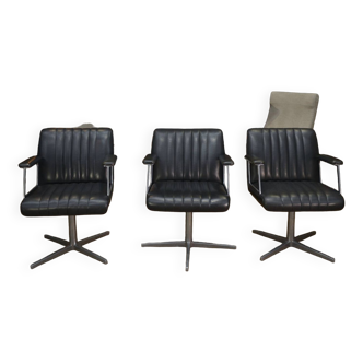 Set of 3 designer swivel metal leather office armchairs 1970