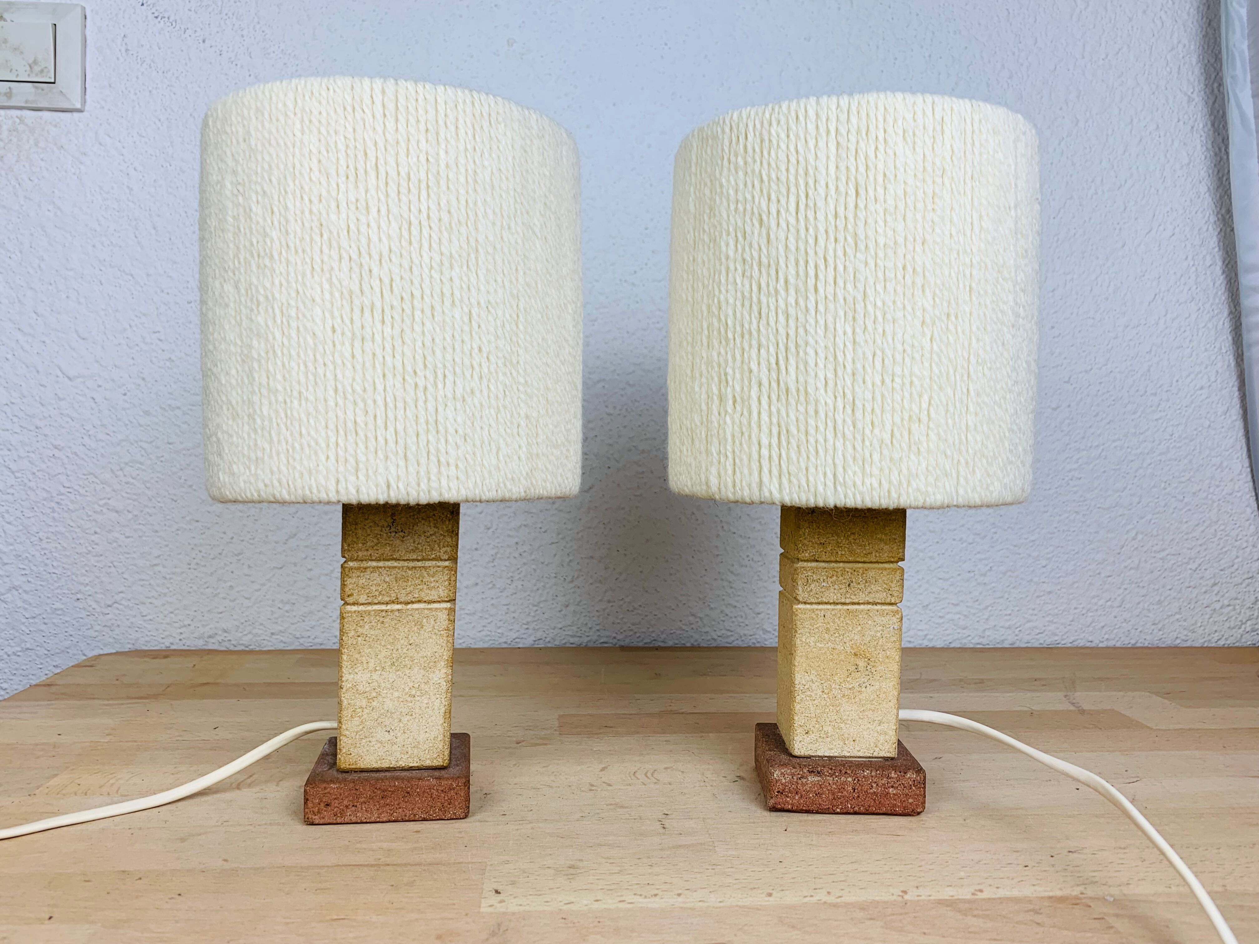 Pair of brutalist lamps pink sandstone and wool lampshade