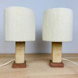 Pair of brutalist lamps pink sandstone and wool lampshade
