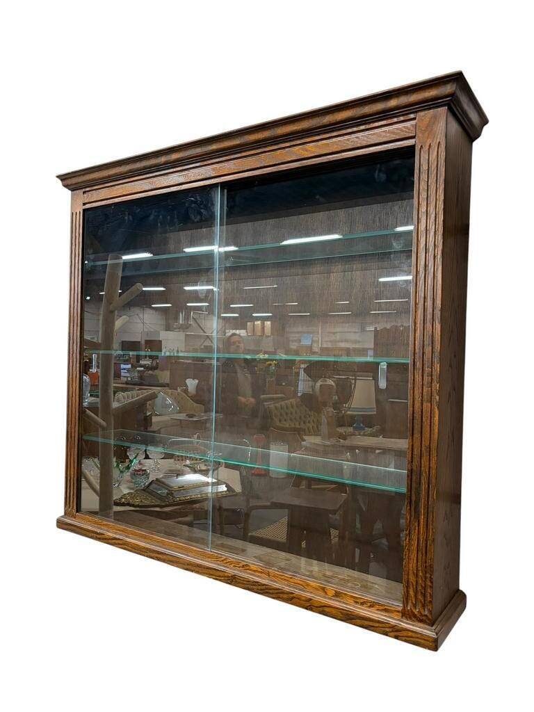 Vintage shallow wall display cabinet in wood / shelf