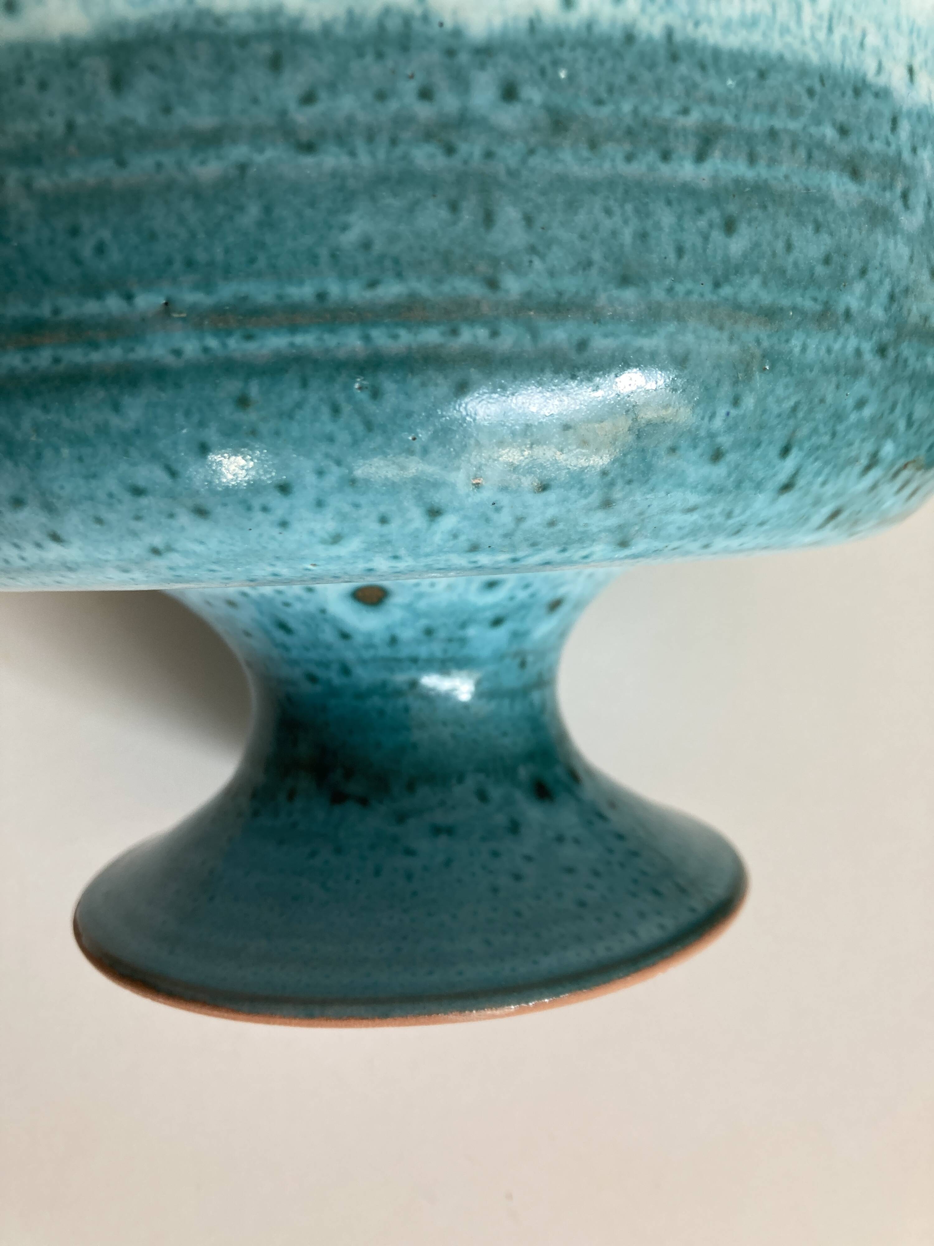 Ceramic turquoise centerpiece on foot Vallauris terracotta mid century