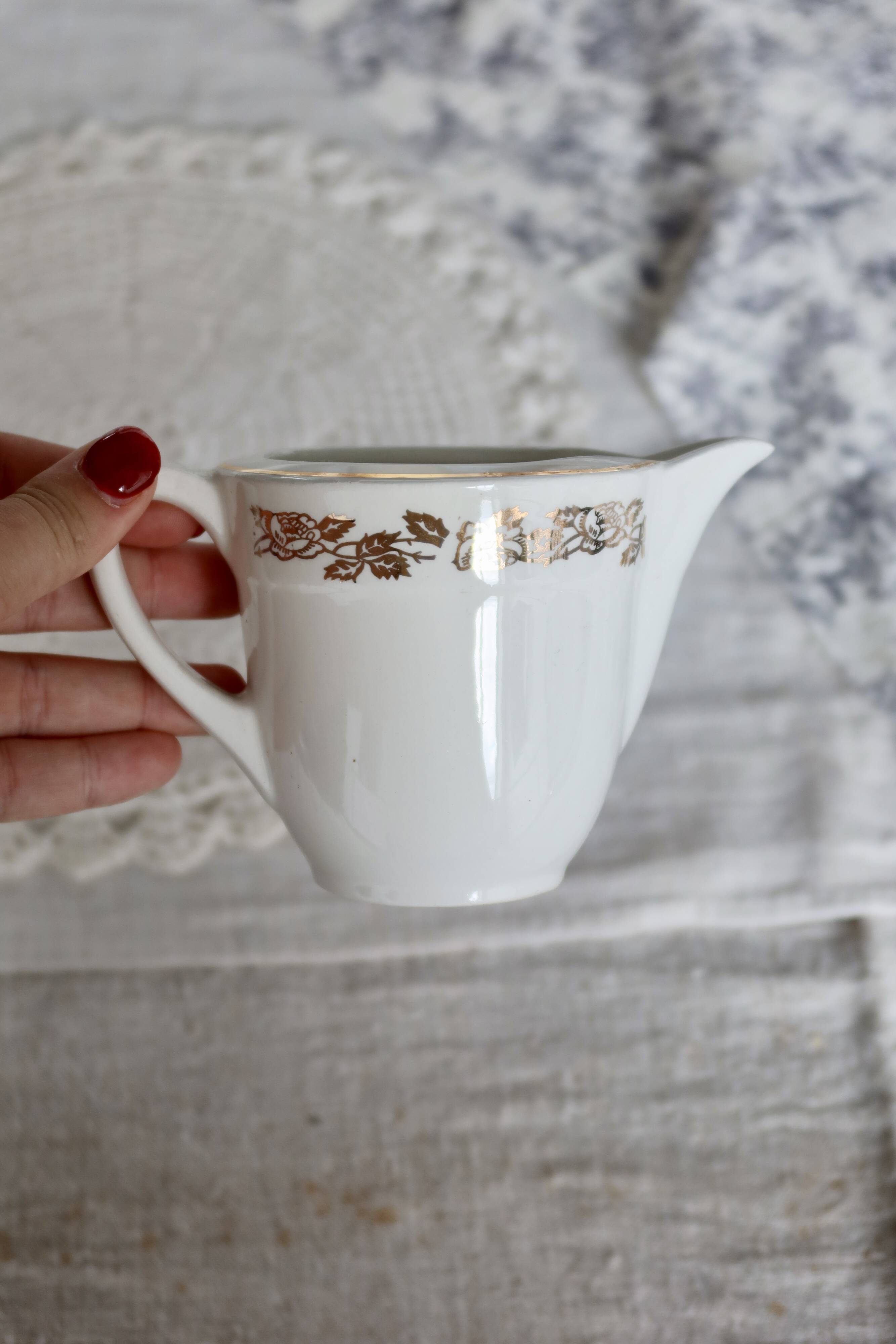 Vintage earthenware milk jug from Moulin des Loups – Gold floral motif