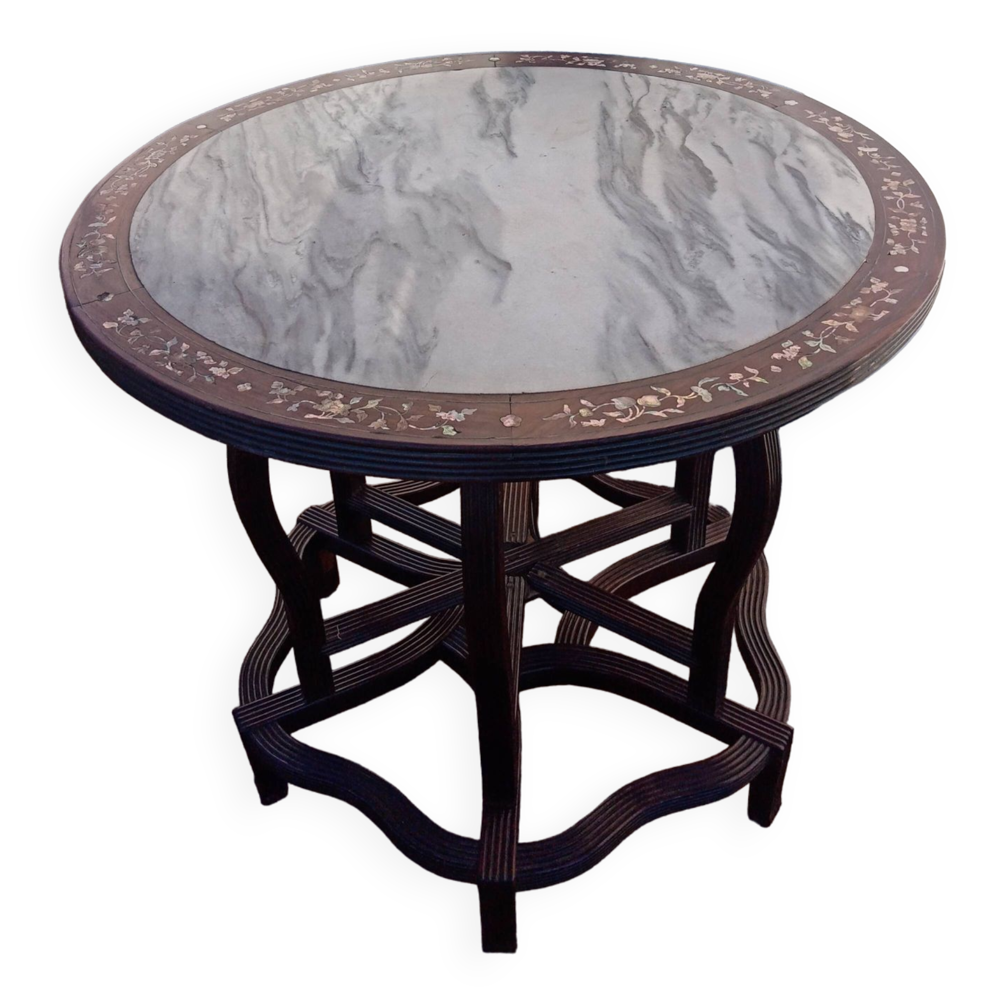 19th century Asian pedestal table with mother-of-pearl and brass inlay
