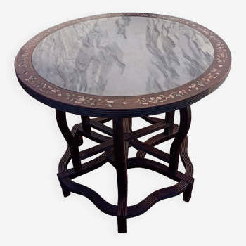 19th century Asian pedestal table with mother-of-pearl and brass inlay