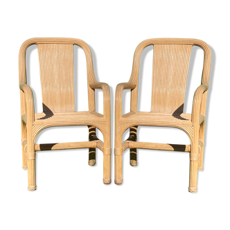 Pair of bamboo rattan wicker chairs in the style of Vivai del Sud