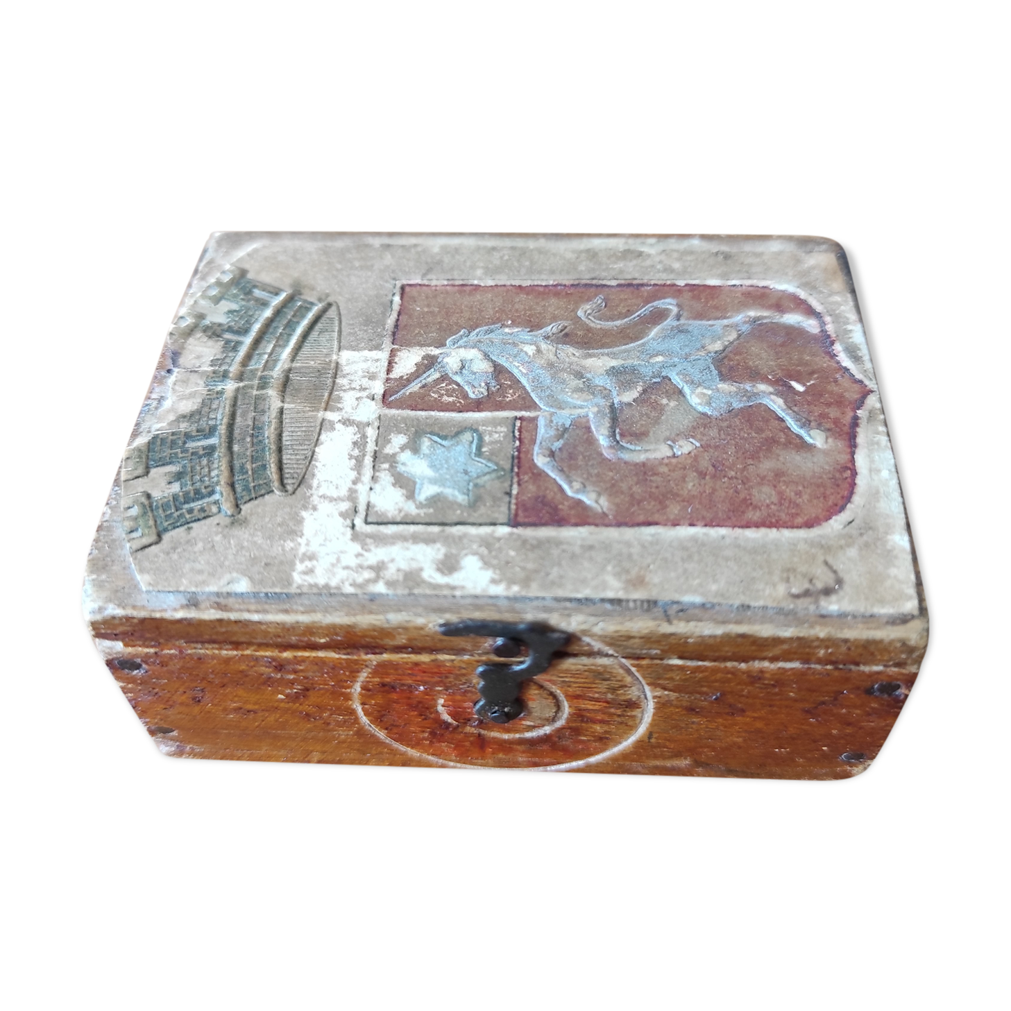 Wooden box decorated badge and unicorn
