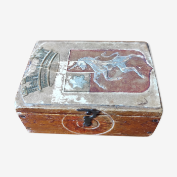 Wooden box decorated badge and unicorn