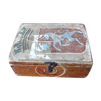 Wooden box decorated badge and unicorn