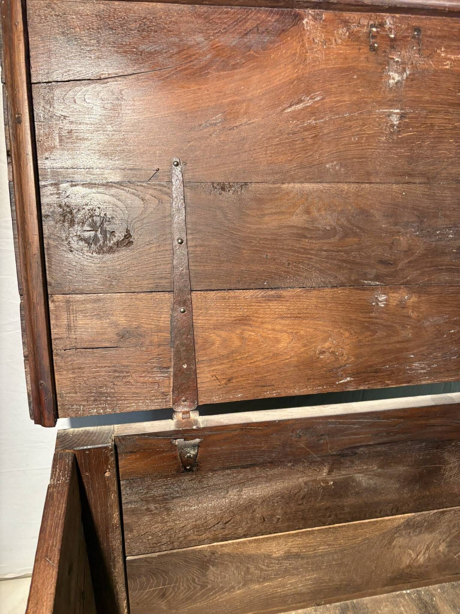 Rustic antique oak chest, original fittings and moulded panels.