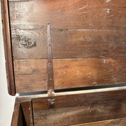 Rustic antique oak chest, original fittings and moulded panels.