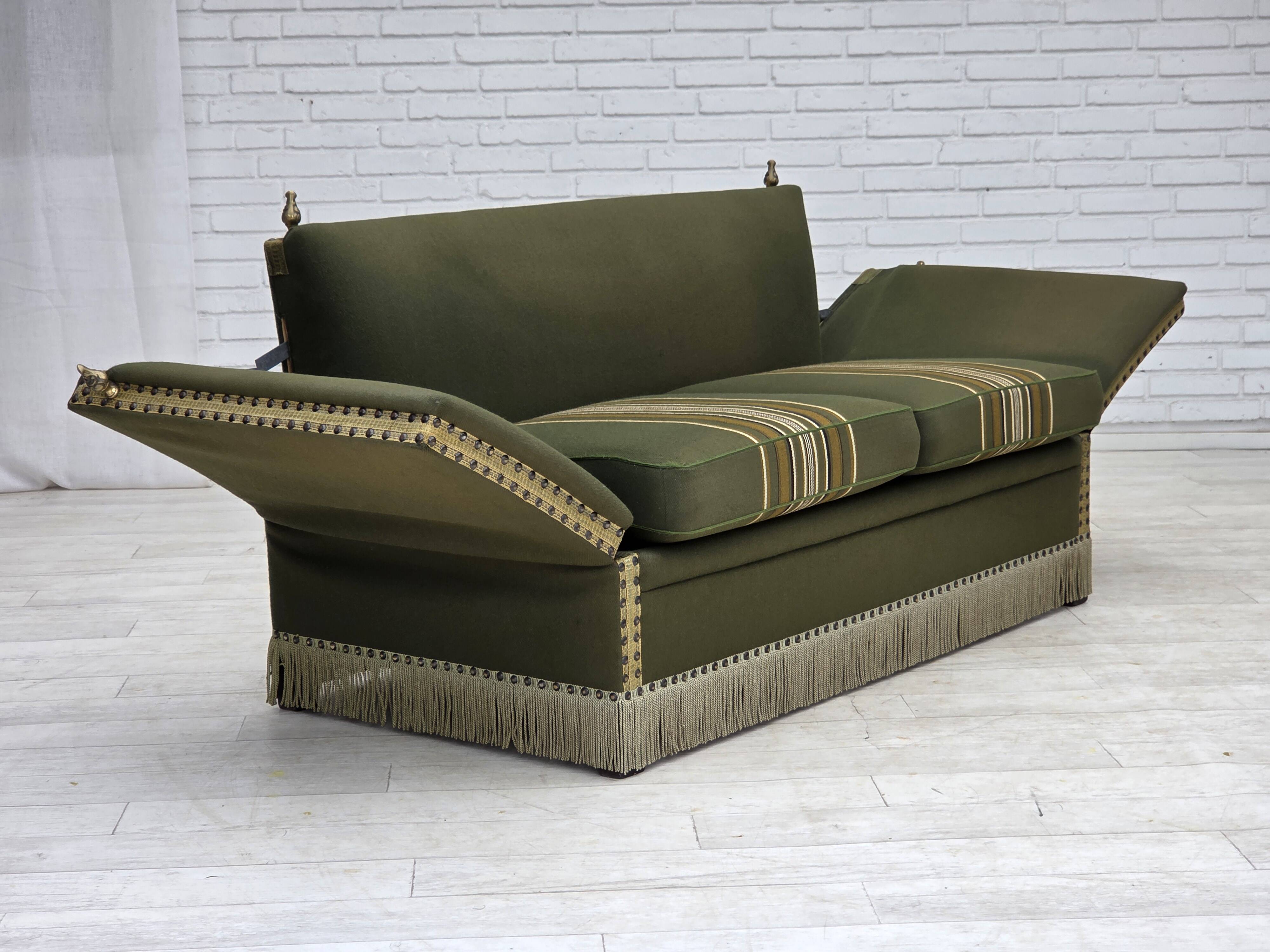 1970s, Danish 2-seater drop arm "Spanish" sofa, furniture wool.